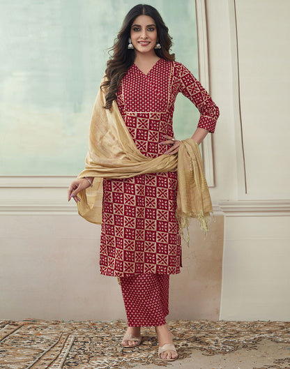 Red Printed Cotton Straight Kurta Set With Dupatta