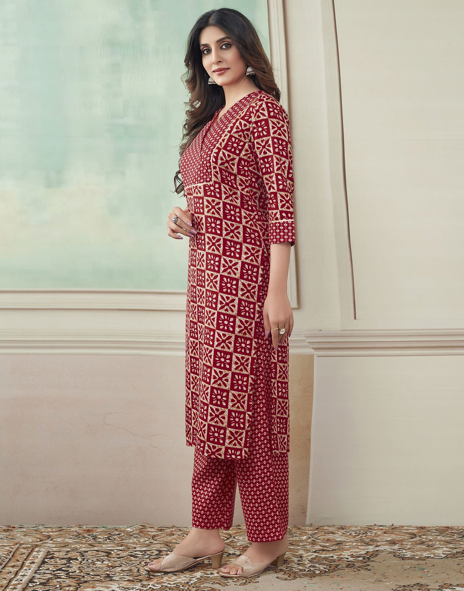 Red Printed Cotton Straight Kurta Set With Dupatta