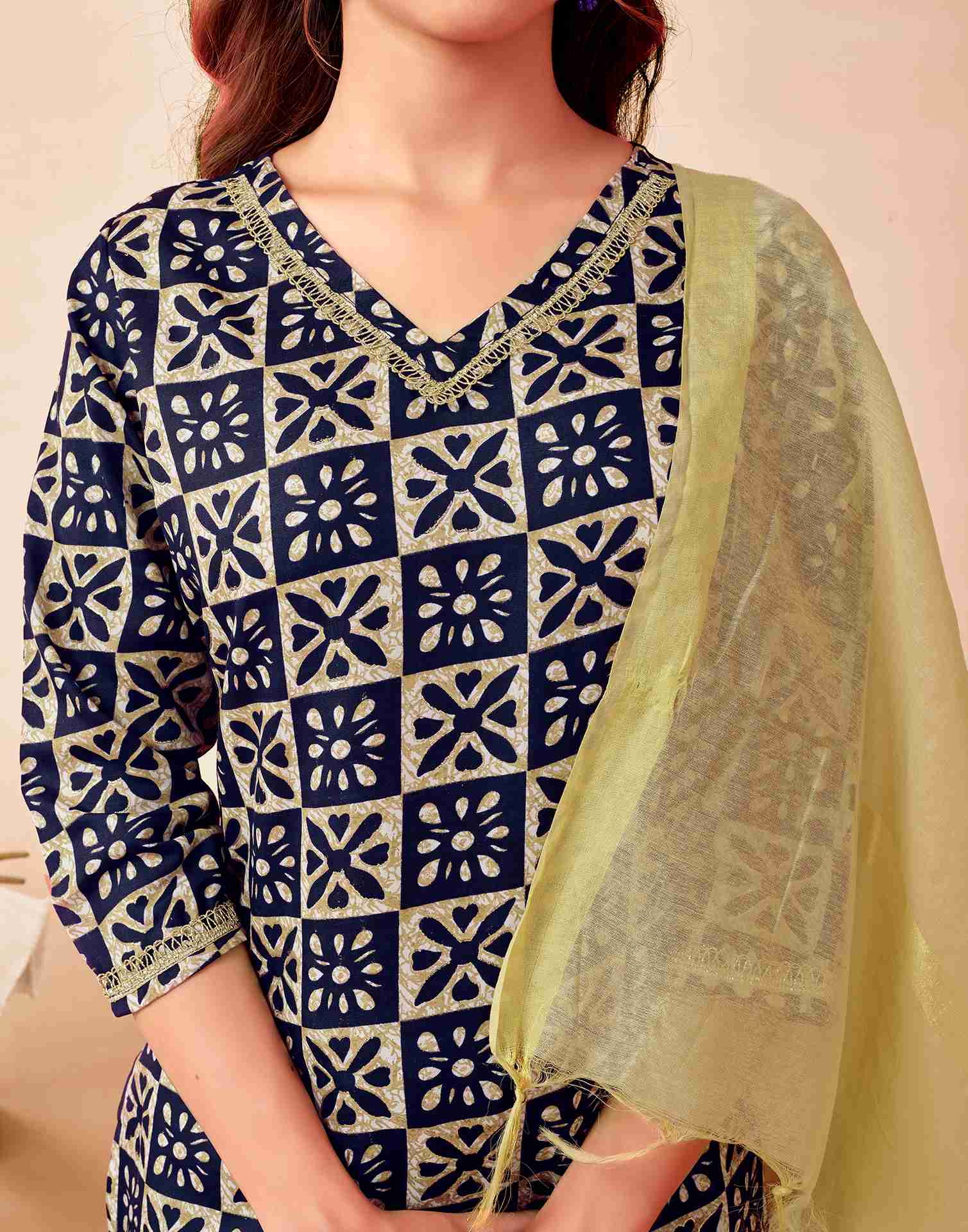 Navy Blue Cotton Printed Straight Kurta Set With Dupatta