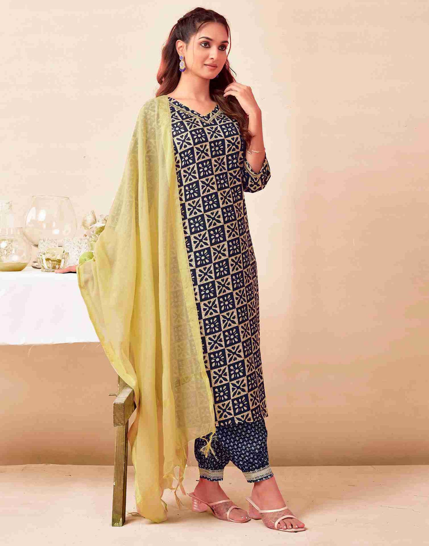 Navy Blue Cotton Printed Straight Kurta Set With Dupatta