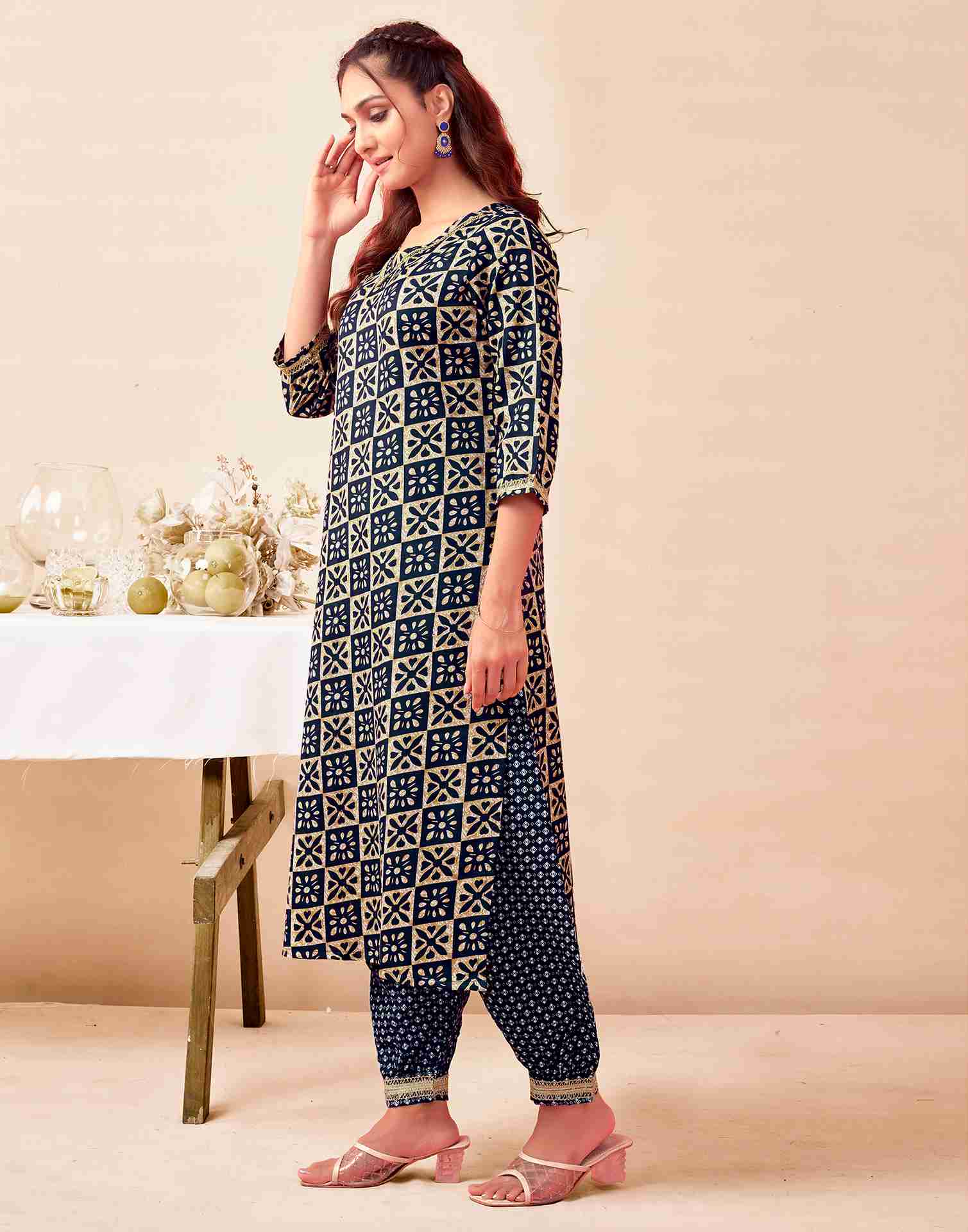 Navy Blue Cotton Printed Straight Kurta Set With Dupatta