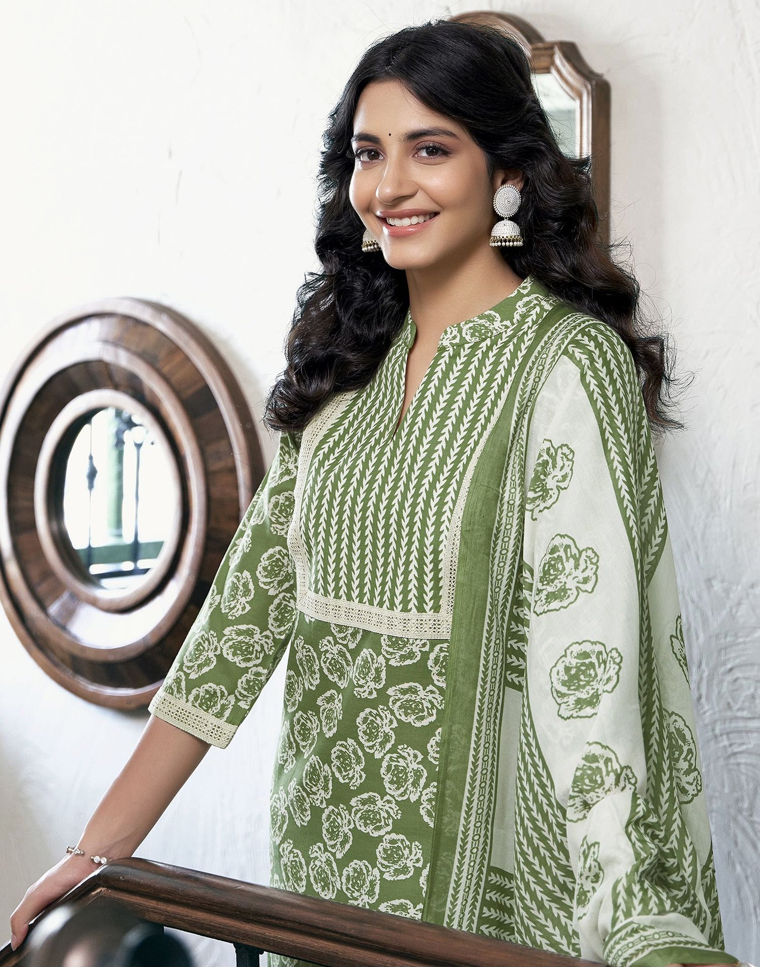 Pista Green Printed Cotton Straight Kurta Set With Dupatta