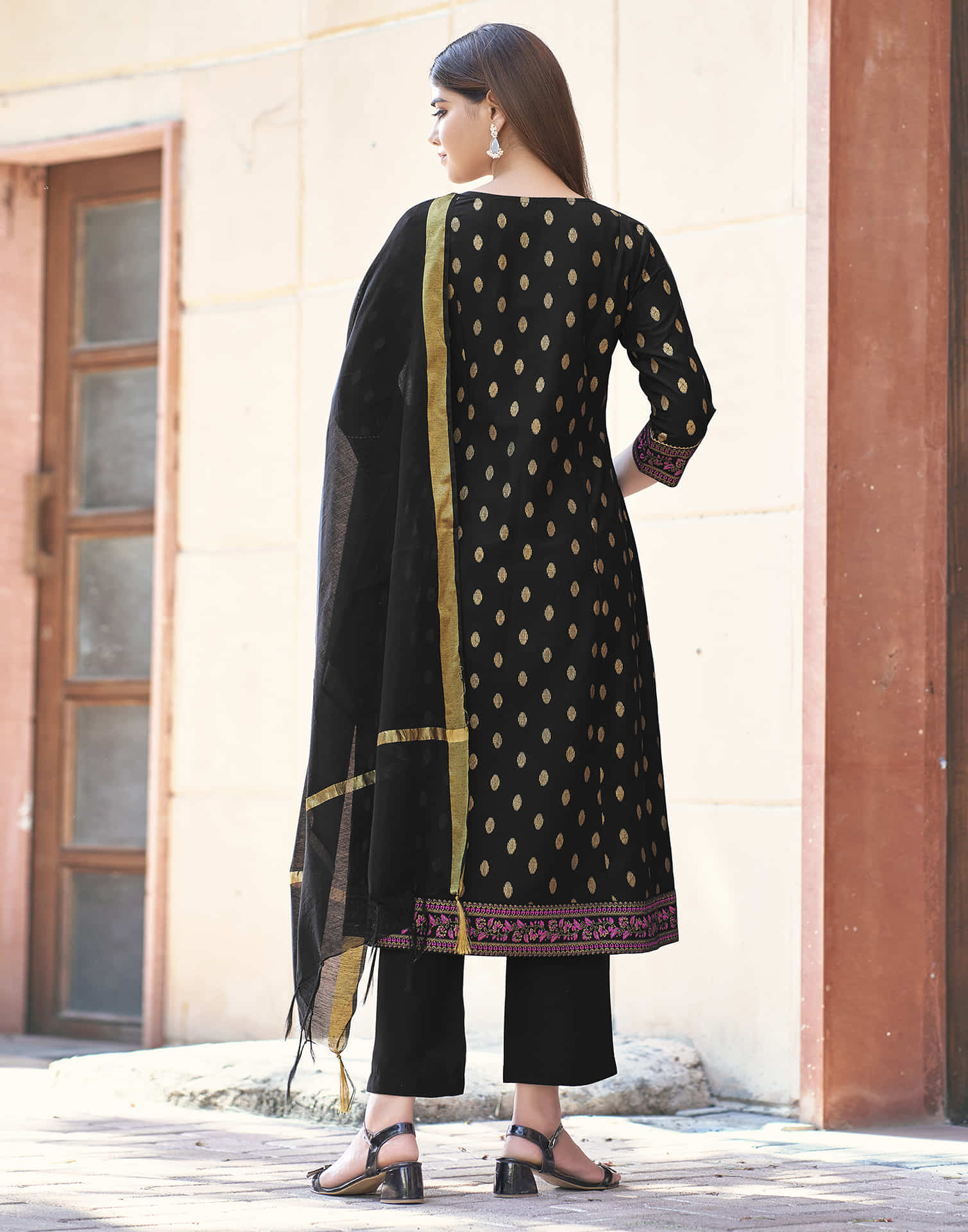 Black Printed Rayon Flared Kurta With Pant And Dupatta