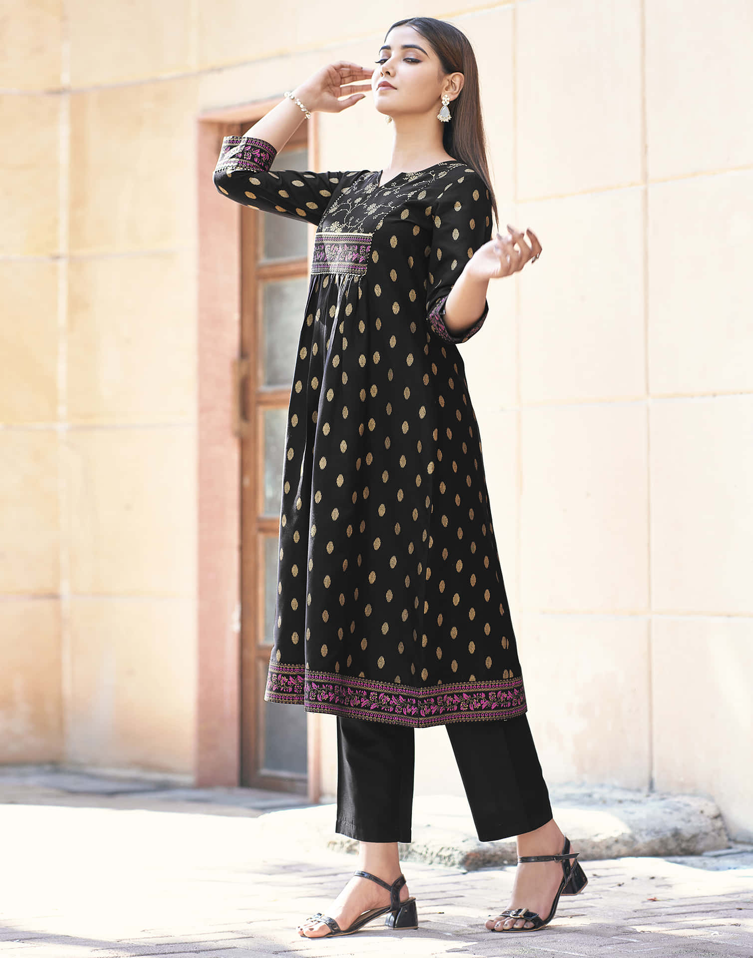 Black Printed Rayon Flared Kurta With Pant And Dupatta