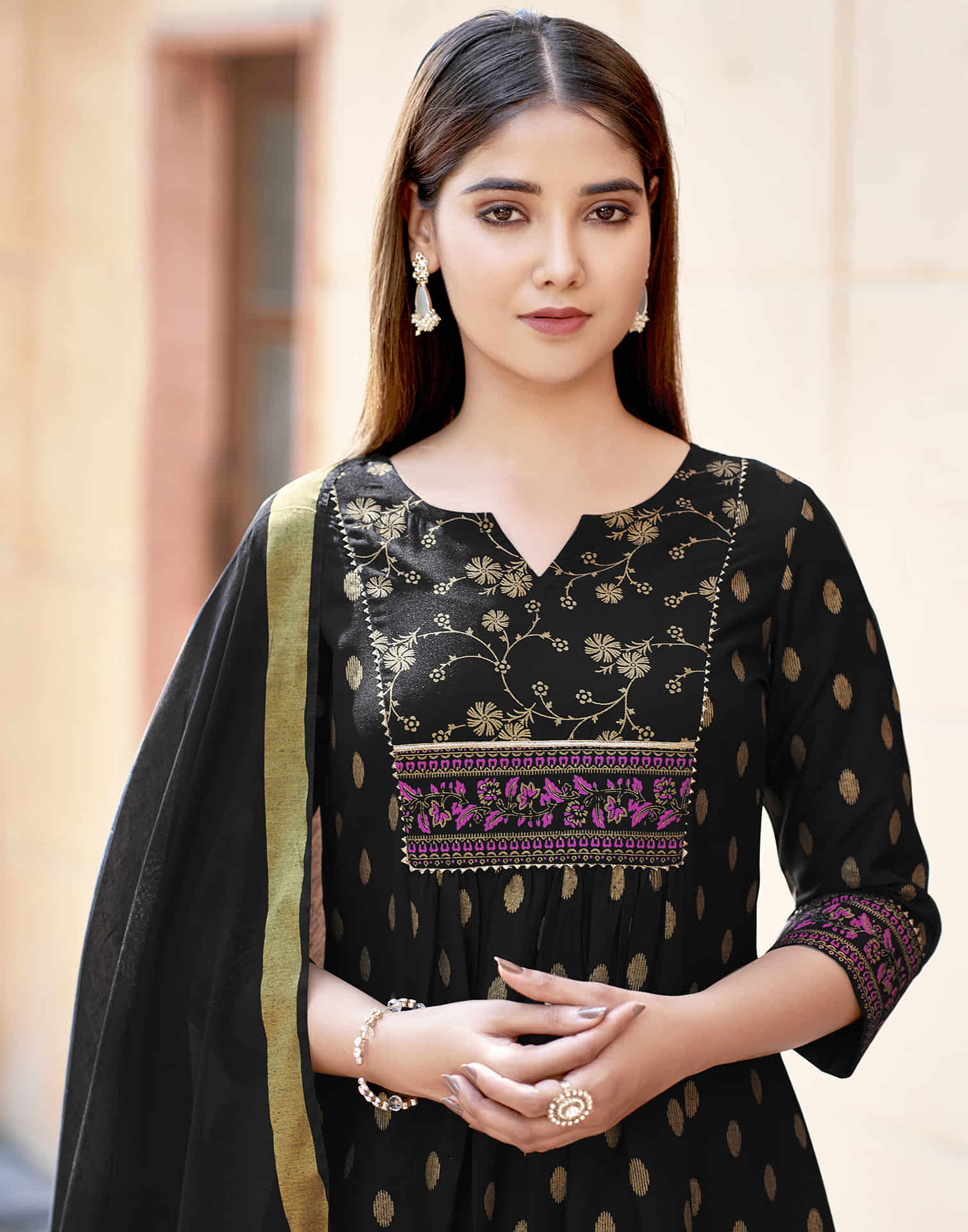 Black Printed Rayon Flared Kurta With Pant And Dupatta