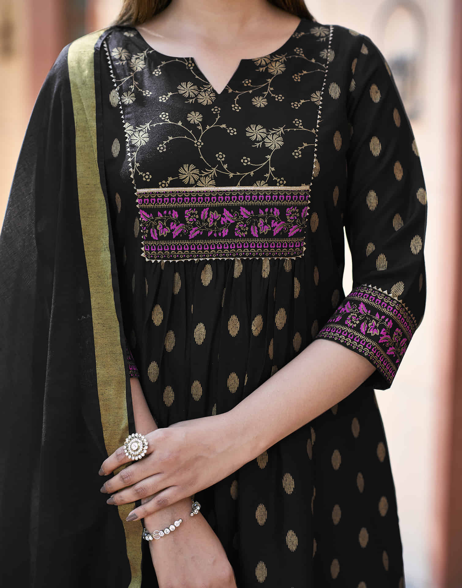 Black Printed Rayon Flared Kurta With Pant And Dupatta