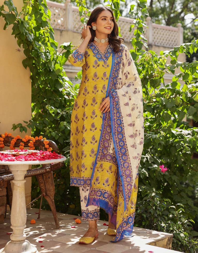 Mustard Yellow Printed Muslin Straight Kurta Set With Dupatta