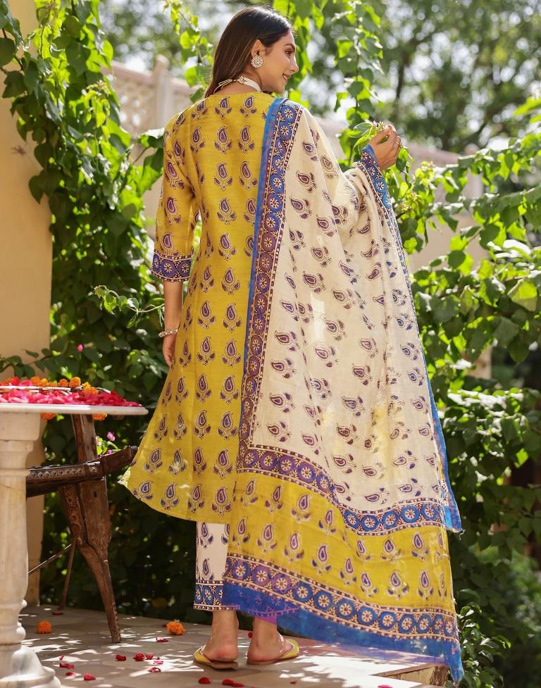 Mustard Yellow Printed Muslin Straight Kurta Set With Dupatta