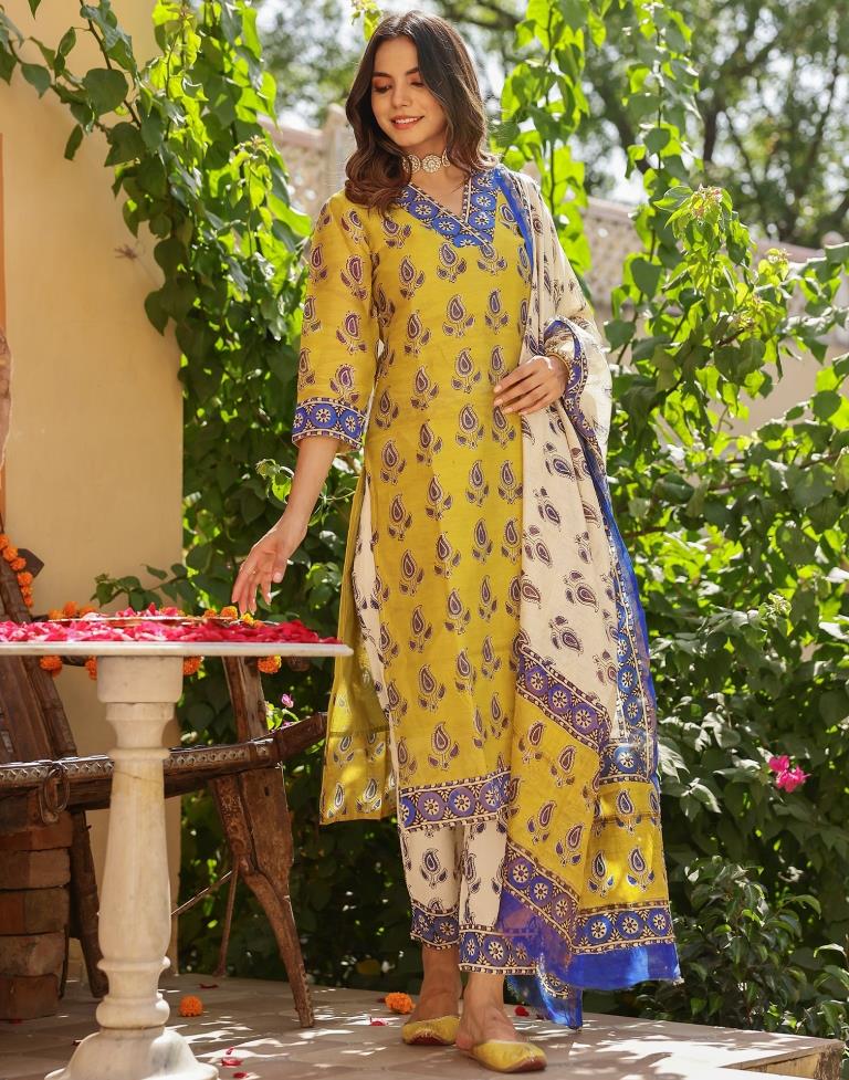 Mustard Yellow Printed Muslin Straight Kurta Set With Dupatta