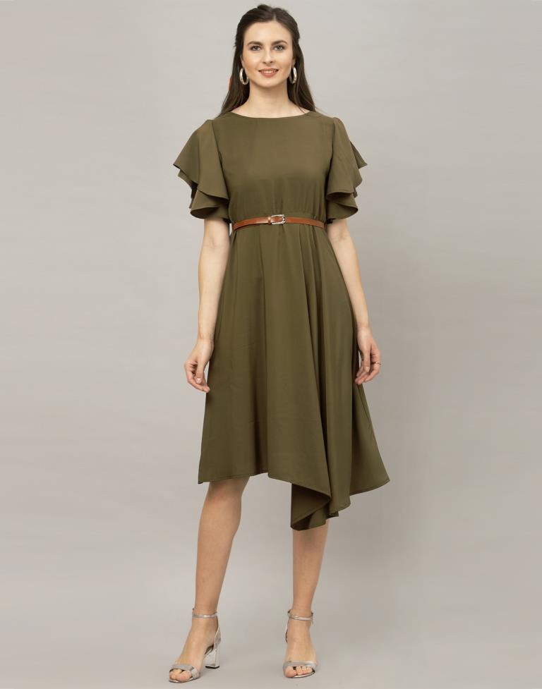 Olive Green Coloured Dyed Thick Georgette Dress | Sudathi