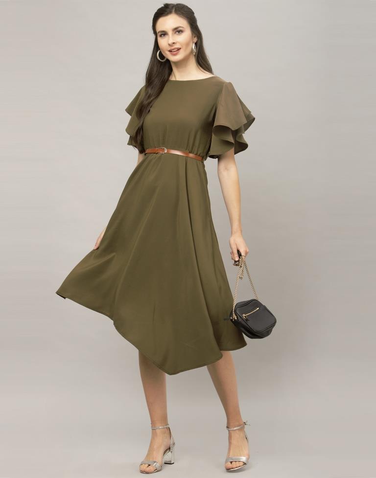 Olive Green Coloured Dyed Thick Georgette Dress | Sudathi