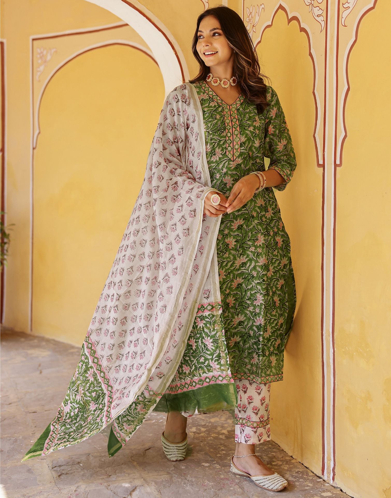 Green Printed Rayon Straight Kurta Set With Dupatta