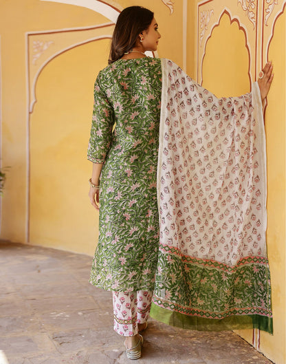 Green Printed Rayon Straight Kurta Set With Dupatta