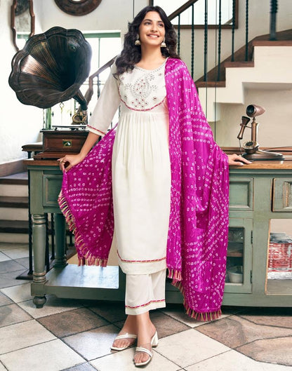 Cream Plain Chinnon Flared Kurta Set With Dupatta