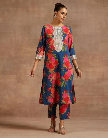 Dark Blue Printed Muslin Straight Kurta Set with Dupatta