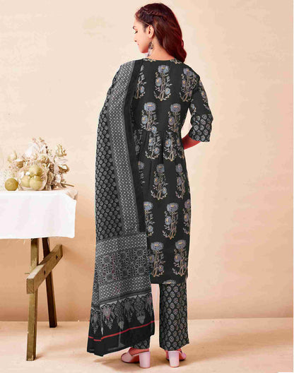 Dark Grey Printed Rayon Flared Kurta Set With Dupatta