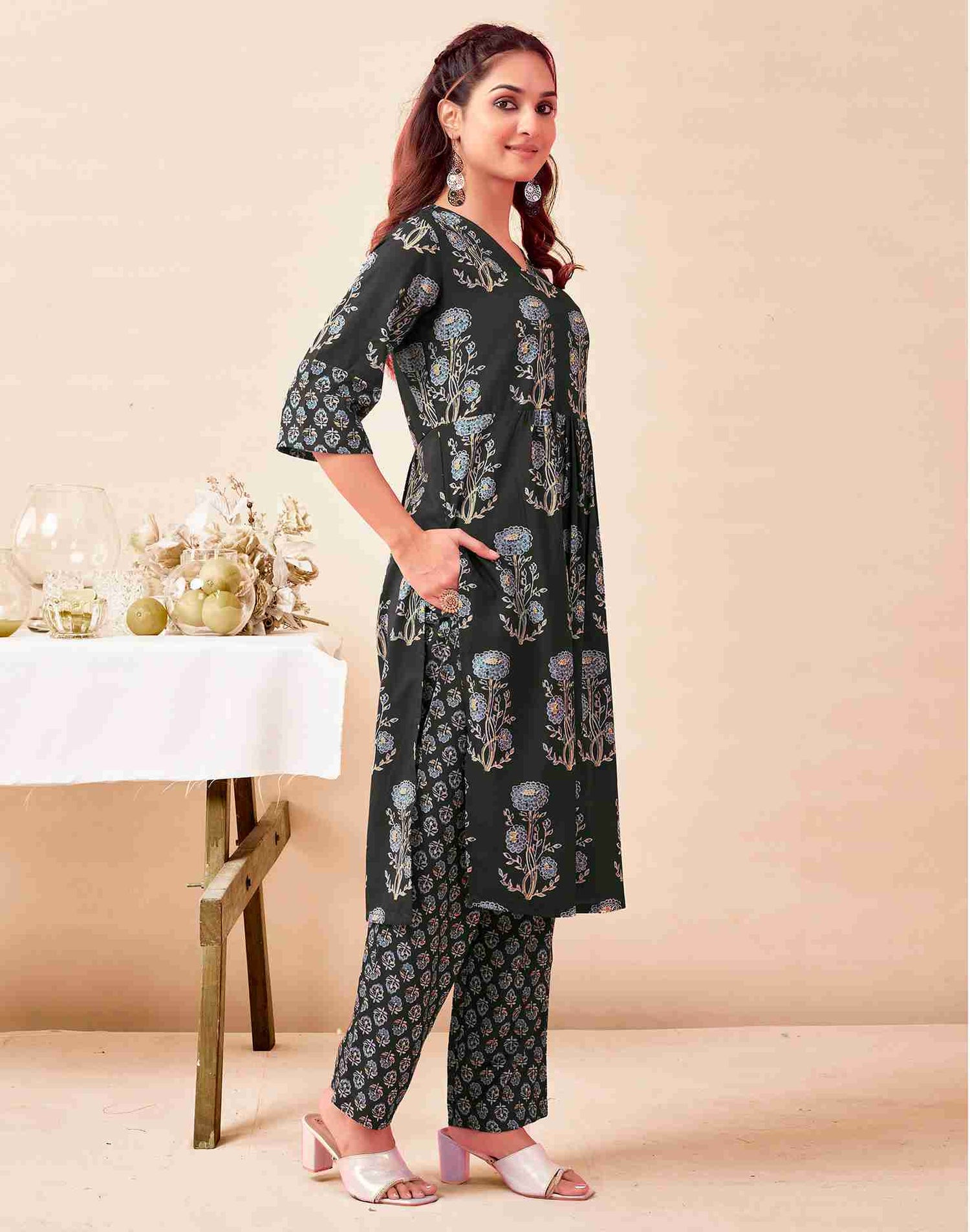 Dark Grey Printed Rayon Flared Kurta Set With Dupatta