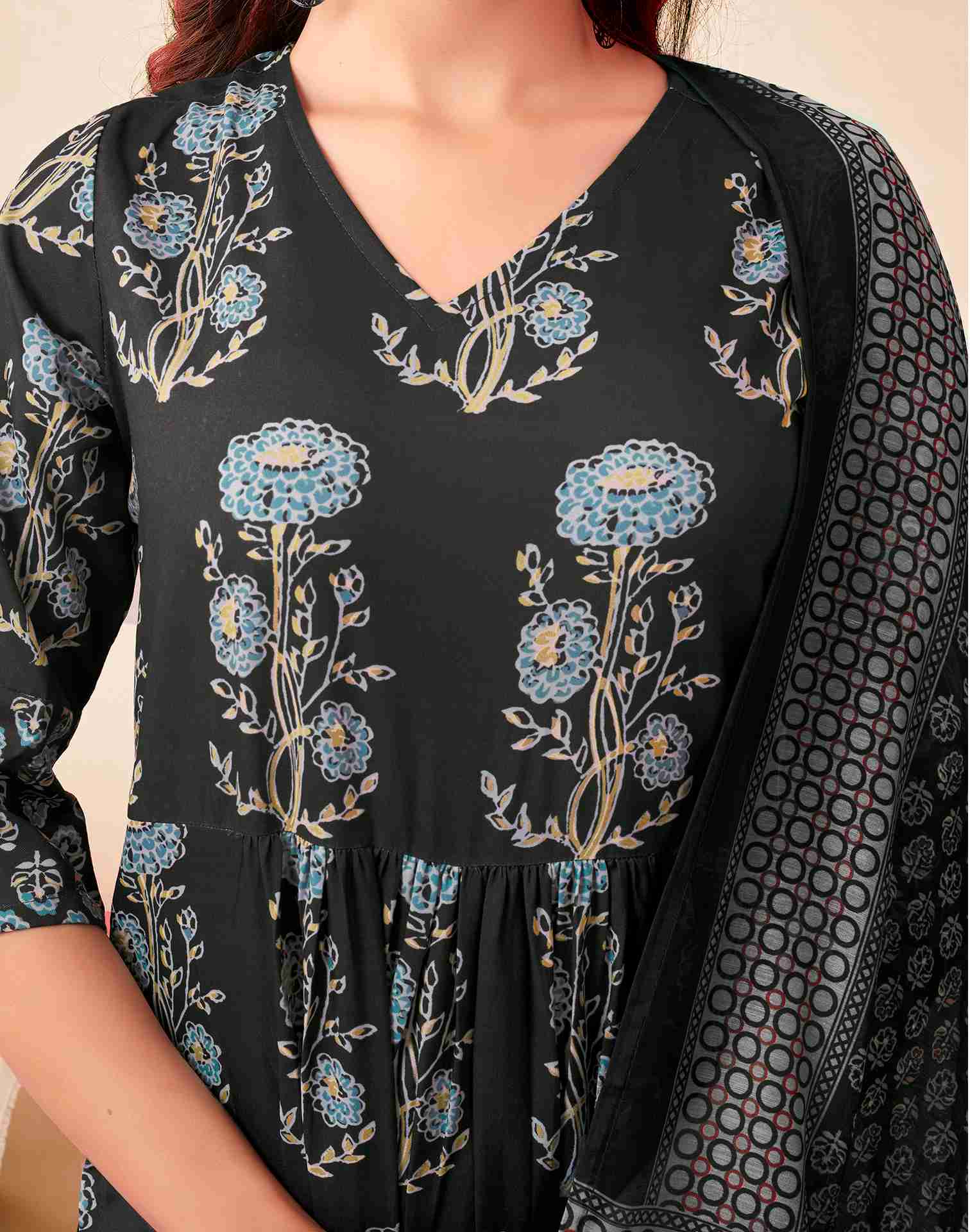 Dark Grey Printed Rayon Flared Kurta Set With Dupatta