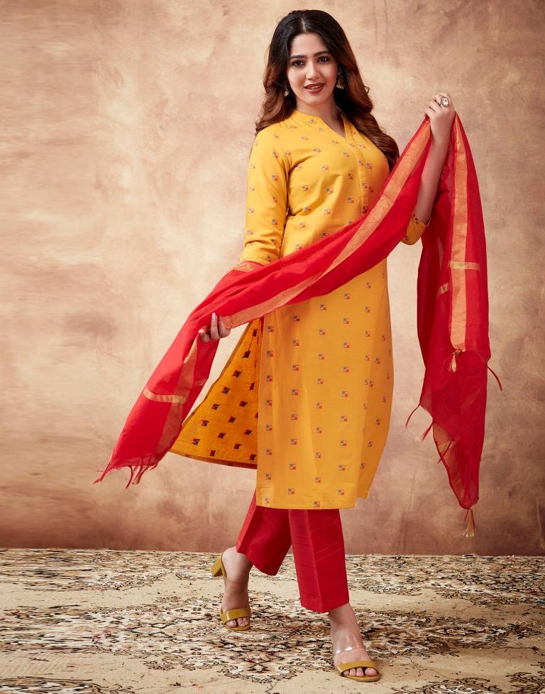 Turmeric Yellow Plain Cotton Straight Kurta Set With Dupatta