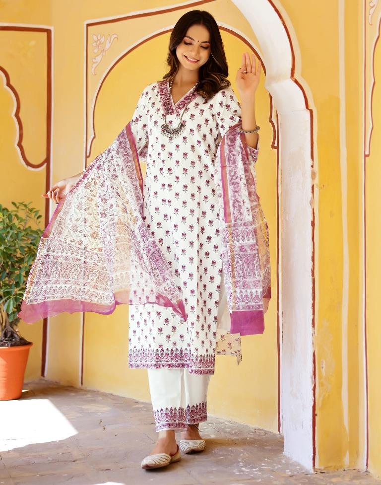 Off White Printed Rayon Straight Kurta Set with Dupatta