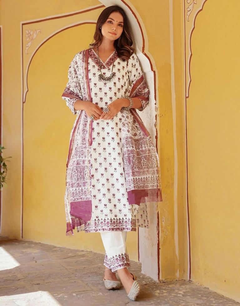 Off White Printed Rayon Straight Kurta Set with Dupatta