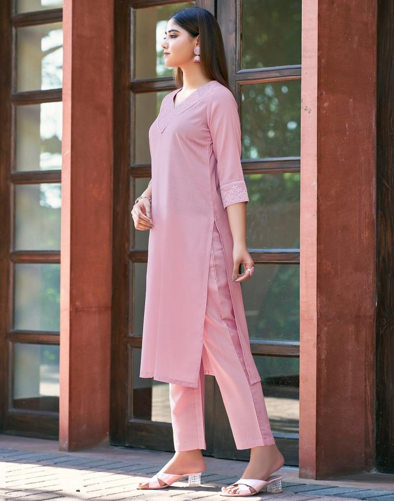 Light Pink Cotton Embroidery Straight Kurta Set