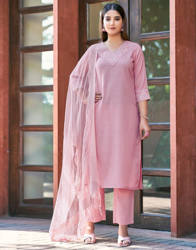 Light Pink Cotton Embroidery Straight Kurta Set