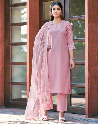 Light Pink Cotton Embroidery Straight Kurta Set