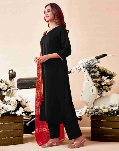 Black Rayon Printed Kurta Set With Dupatta