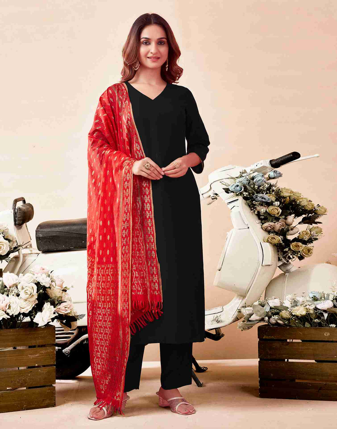 Black Rayon Printed Kurta Set With Dupatta