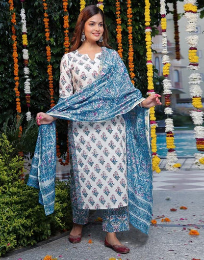 White Printed Rayon Straight Kurta Set with Dupatta