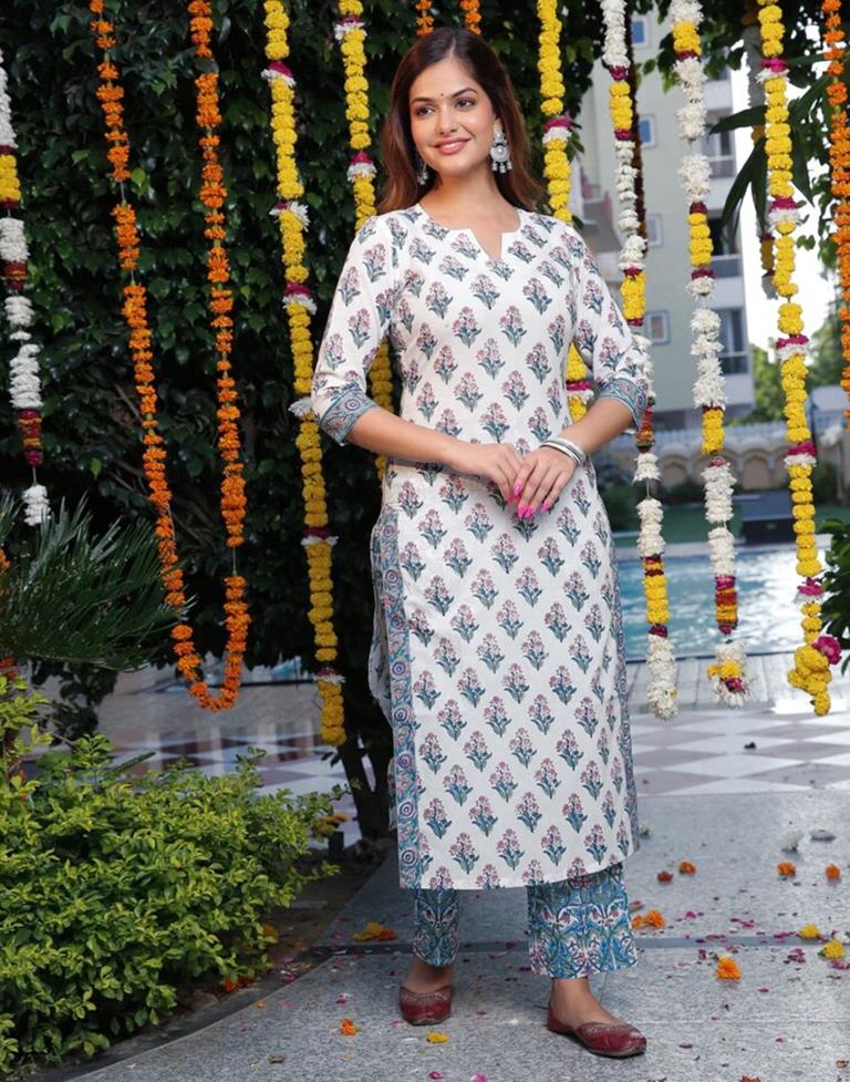 White Printed Rayon Straight Kurta Set with Dupatta