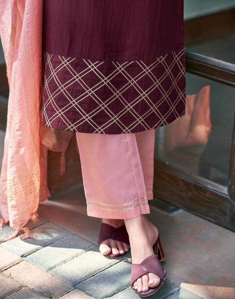 Maroon Chinnon Printed Kurta Set With Dupatta