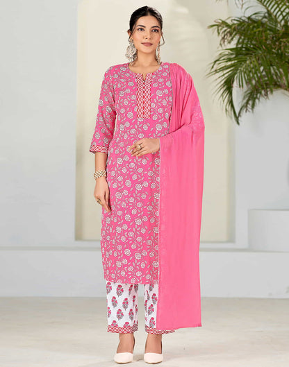 Pink Printed Rayon Straight Kurta With Pant And Dupatta