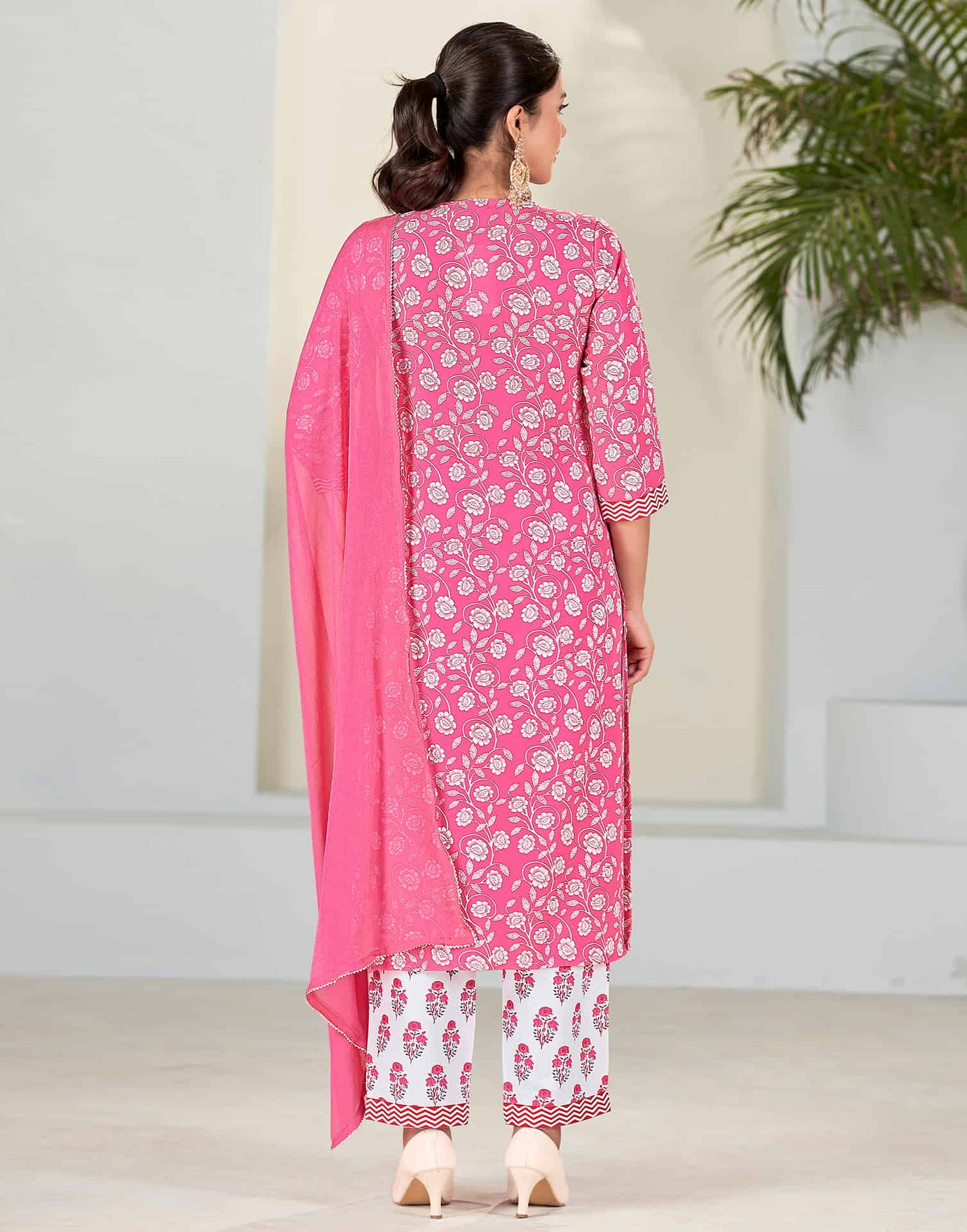 Pink Printed Rayon Straight Kurta With Pant And Dupatta