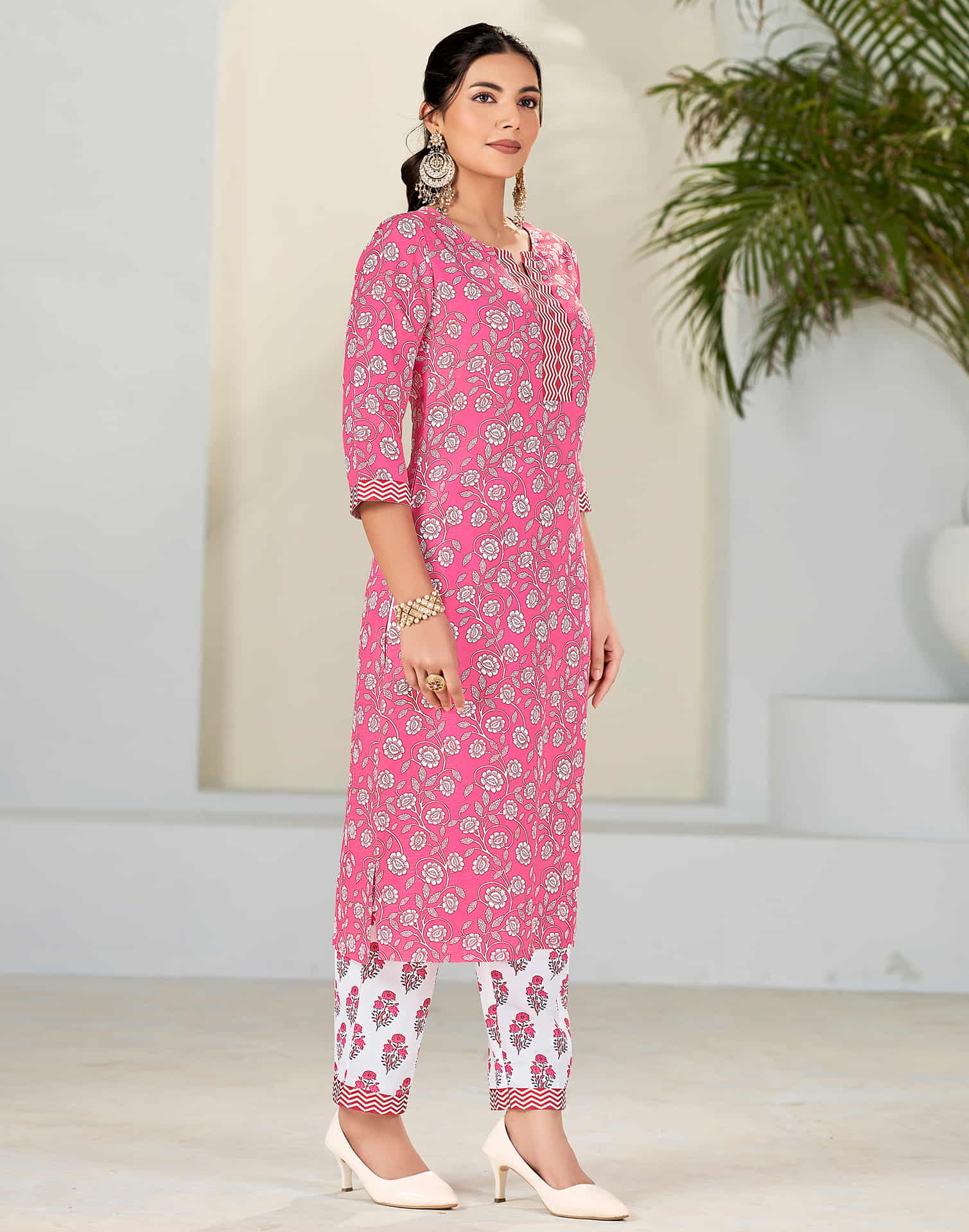 Pink Printed Rayon Straight Kurta With Pant And Dupatta