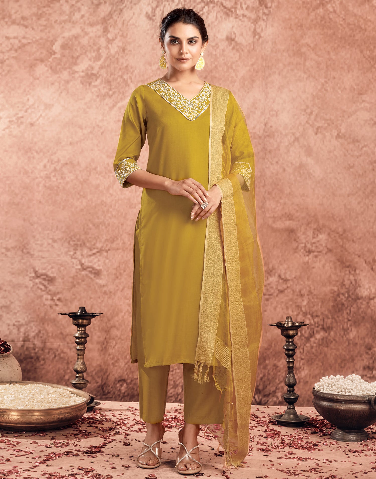 Yellow Cotton Embroidery Straight Kurta Set With Dupatta