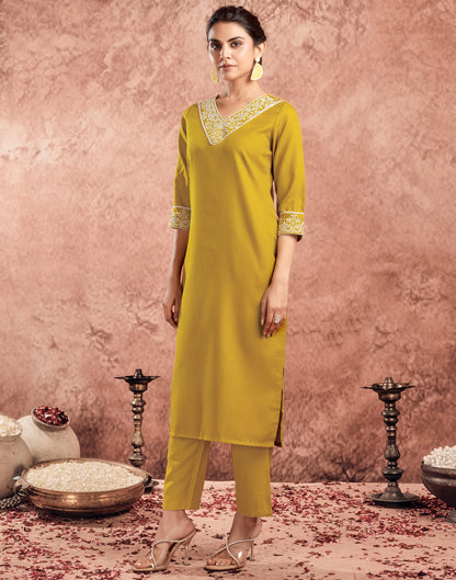 Yellow Cotton Embroidery Straight Kurta Set With Dupatta