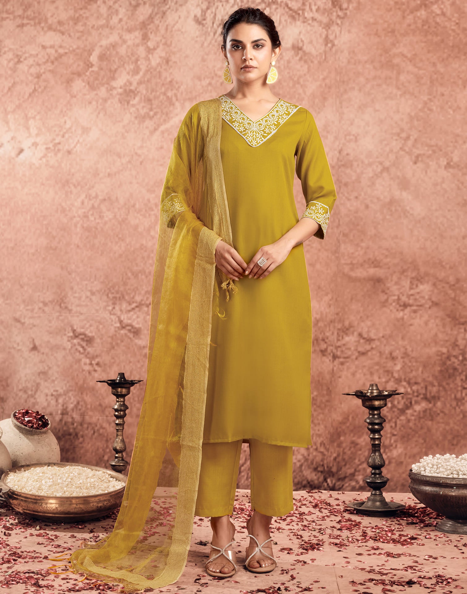 Yellow Cotton Embroidery Straight Kurta Set With Dupatta