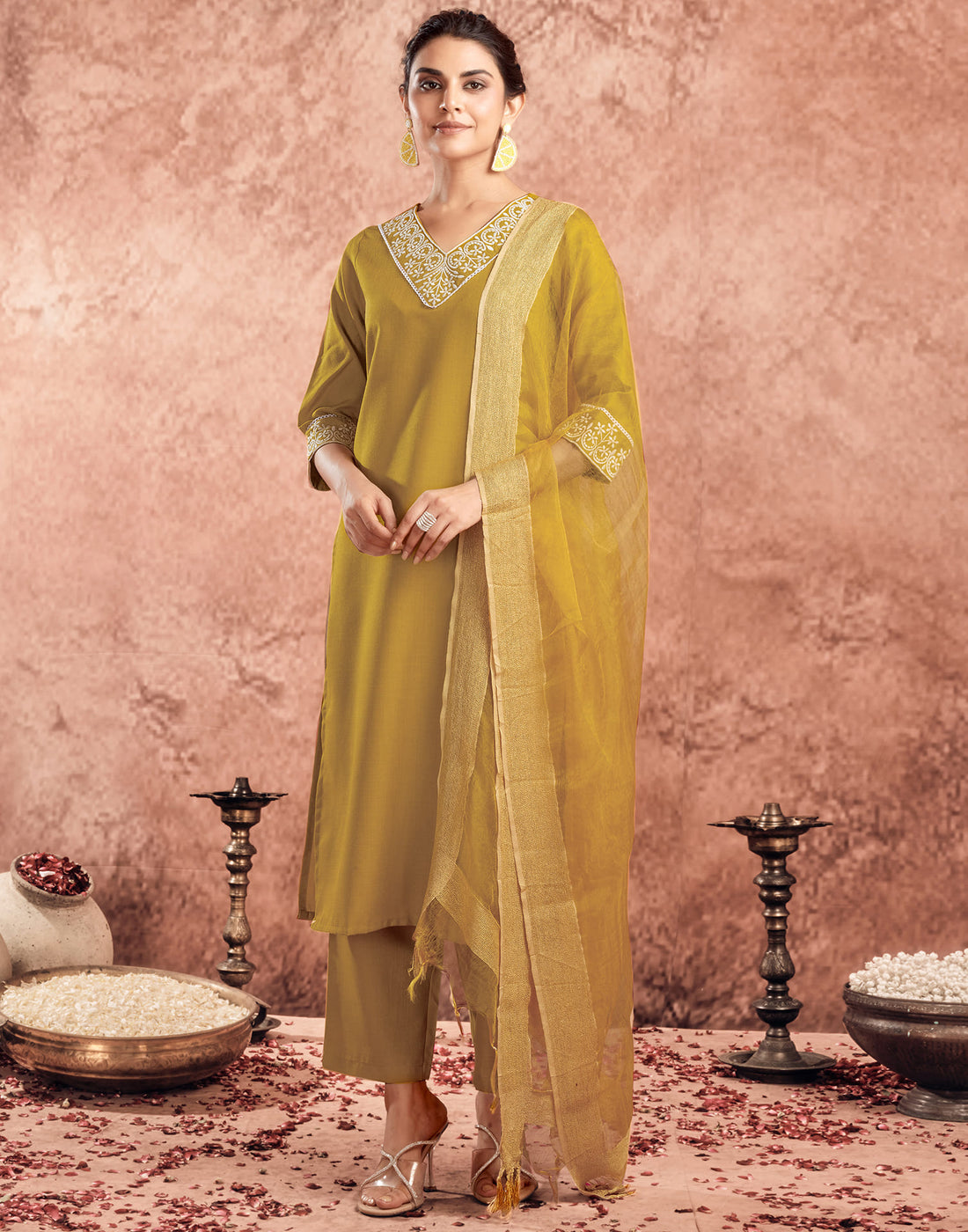 Yellow Cotton Embroidery Straight Kurta Set With Dupatta