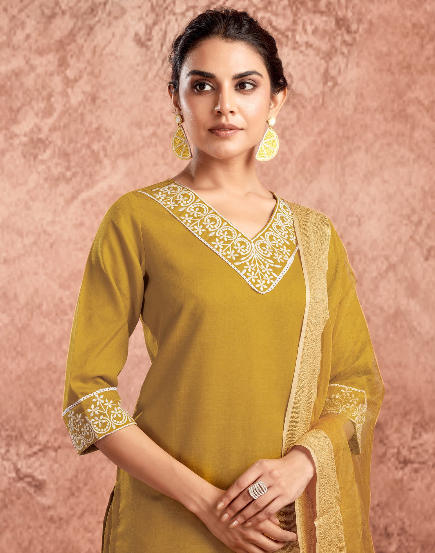 Yellow Cotton Embroidery Straight Kurta Set With Dupatta