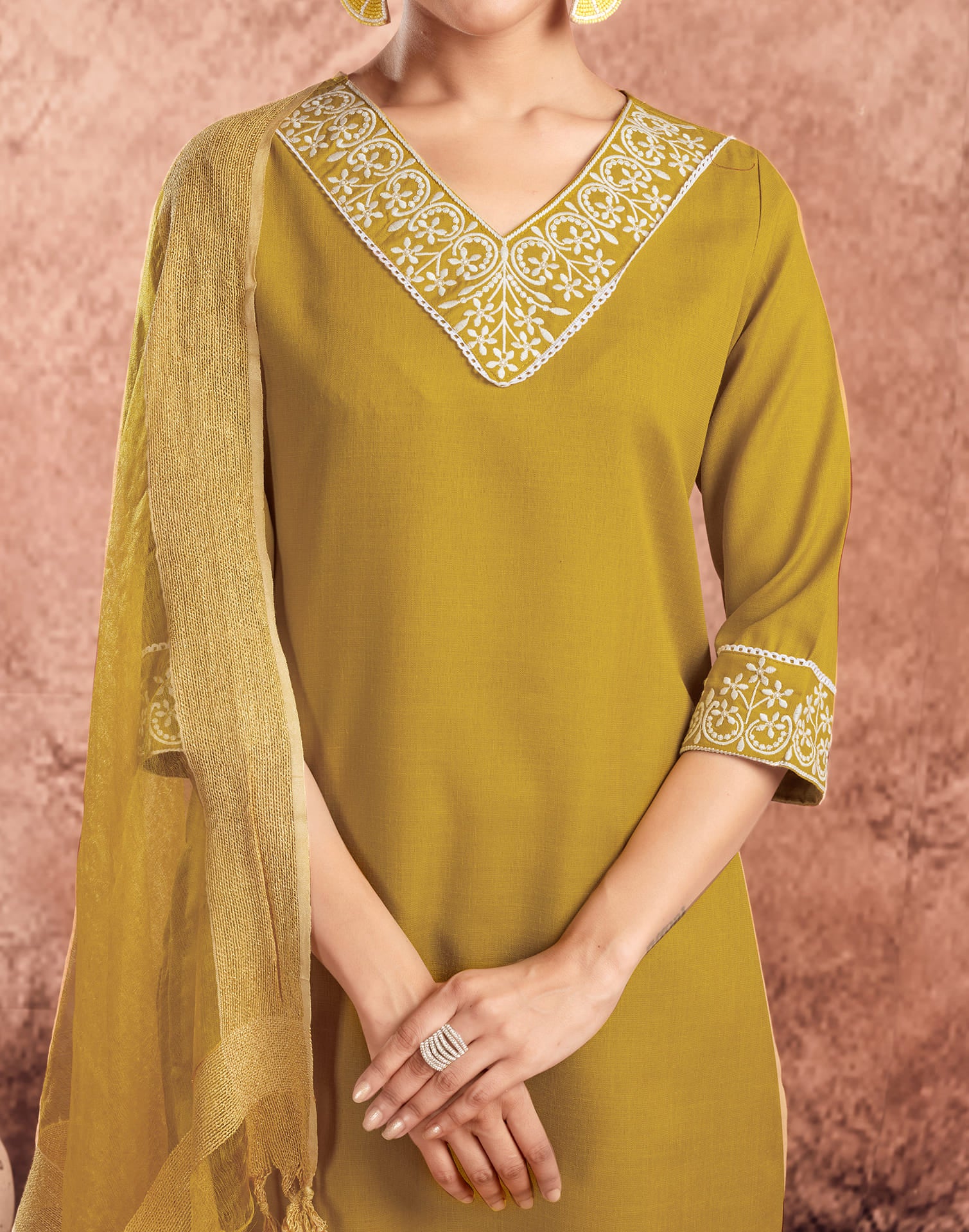 Yellow Cotton Embroidery Straight Kurta Set With Dupatta