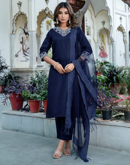 Navy Blue Cotton Embroidery Straight Kurta Set With Dupatta