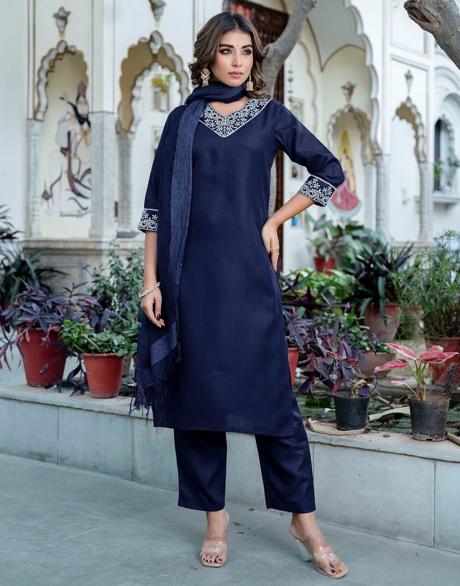 Navy Blue Cotton Embroidery Straight Kurta Set With Dupatta