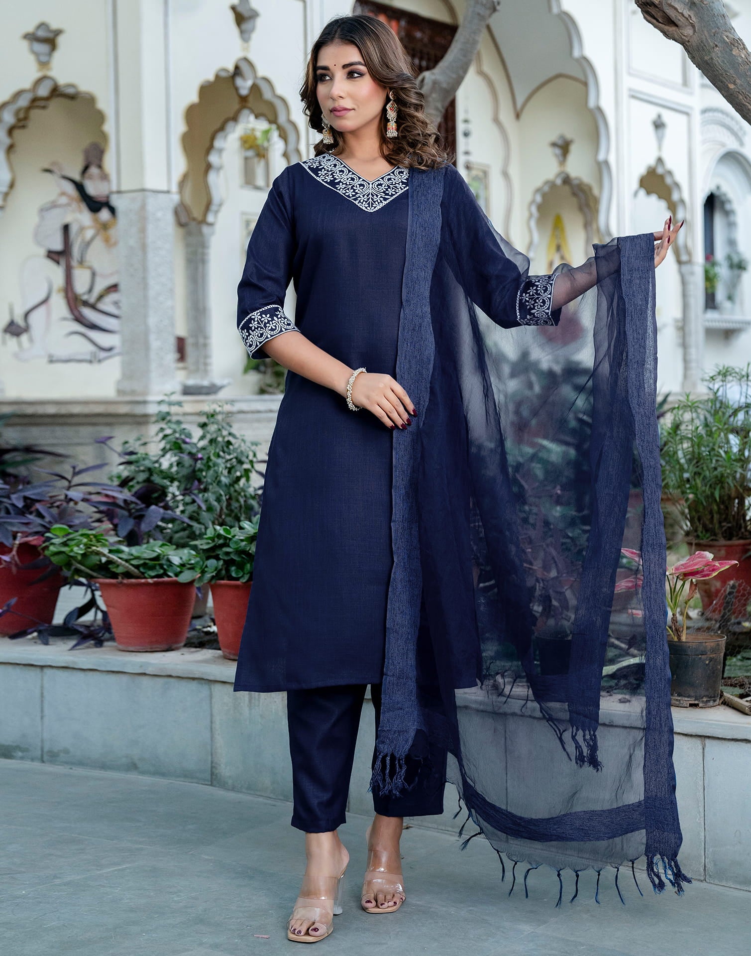 Navy Blue Cotton Embroidery Straight Kurta Set With Dupatta