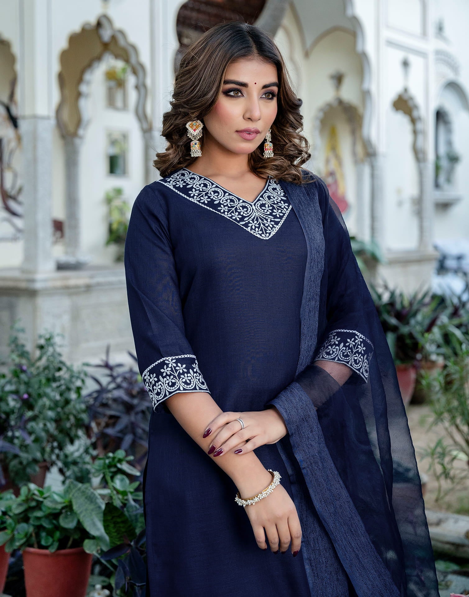 Navy Blue Cotton Embroidery Straight Kurta Set With Dupatta