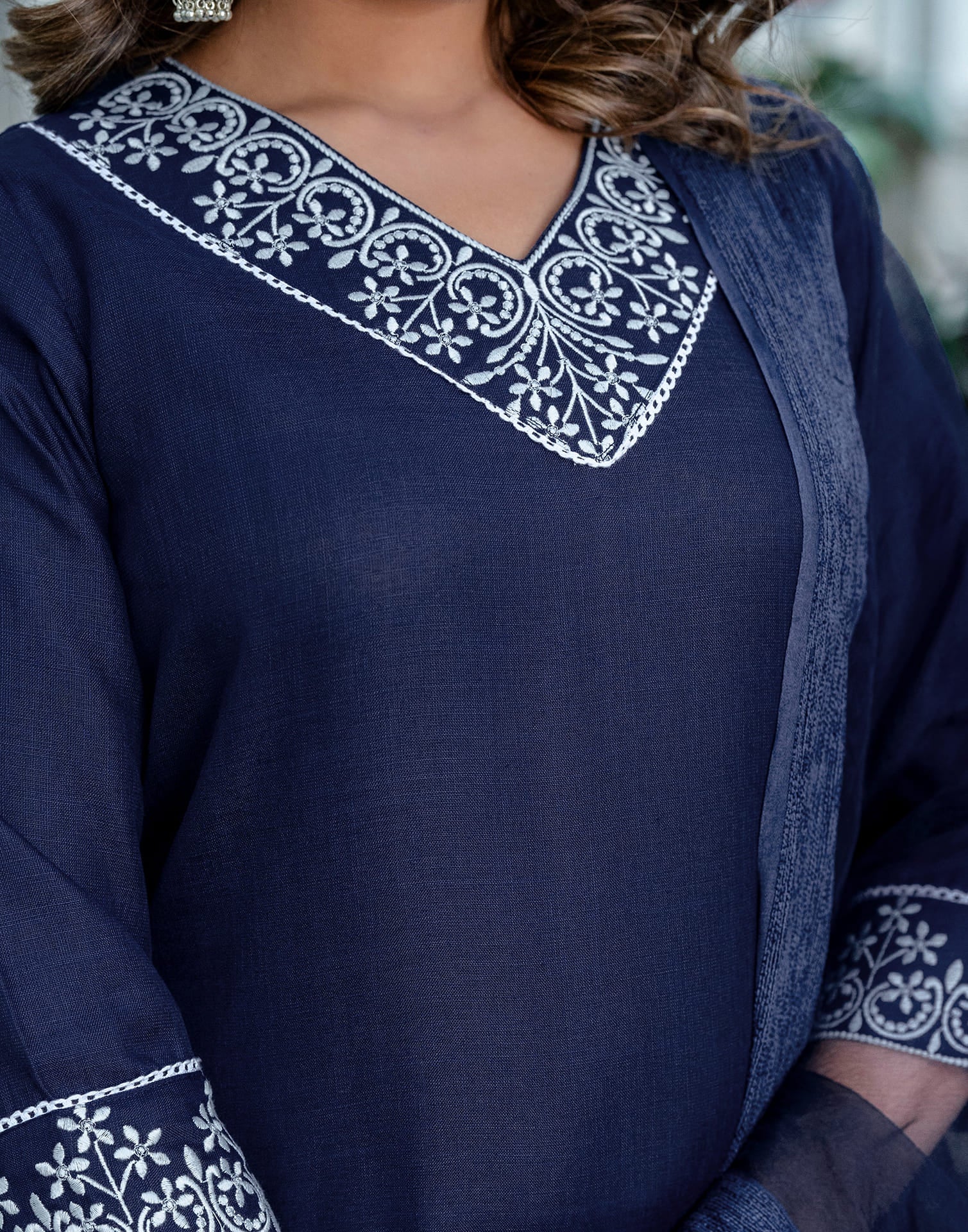 Navy Blue Cotton Embroidery Straight Kurta Set With Dupatta