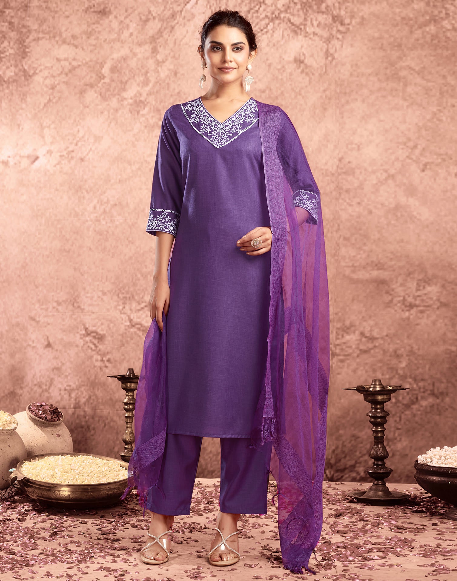 Dartk Purple Cotton Embroidery Straight Kurta Set With Dupatta