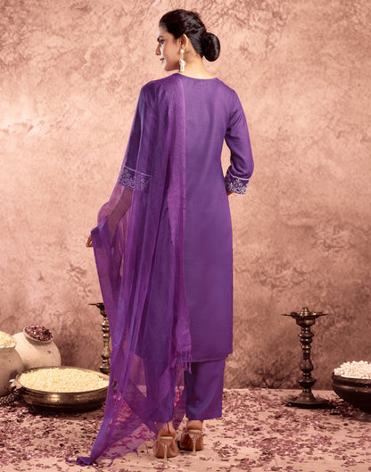 Dartk Purple Cotton Embroidery Straight Kurta Set With Dupatta