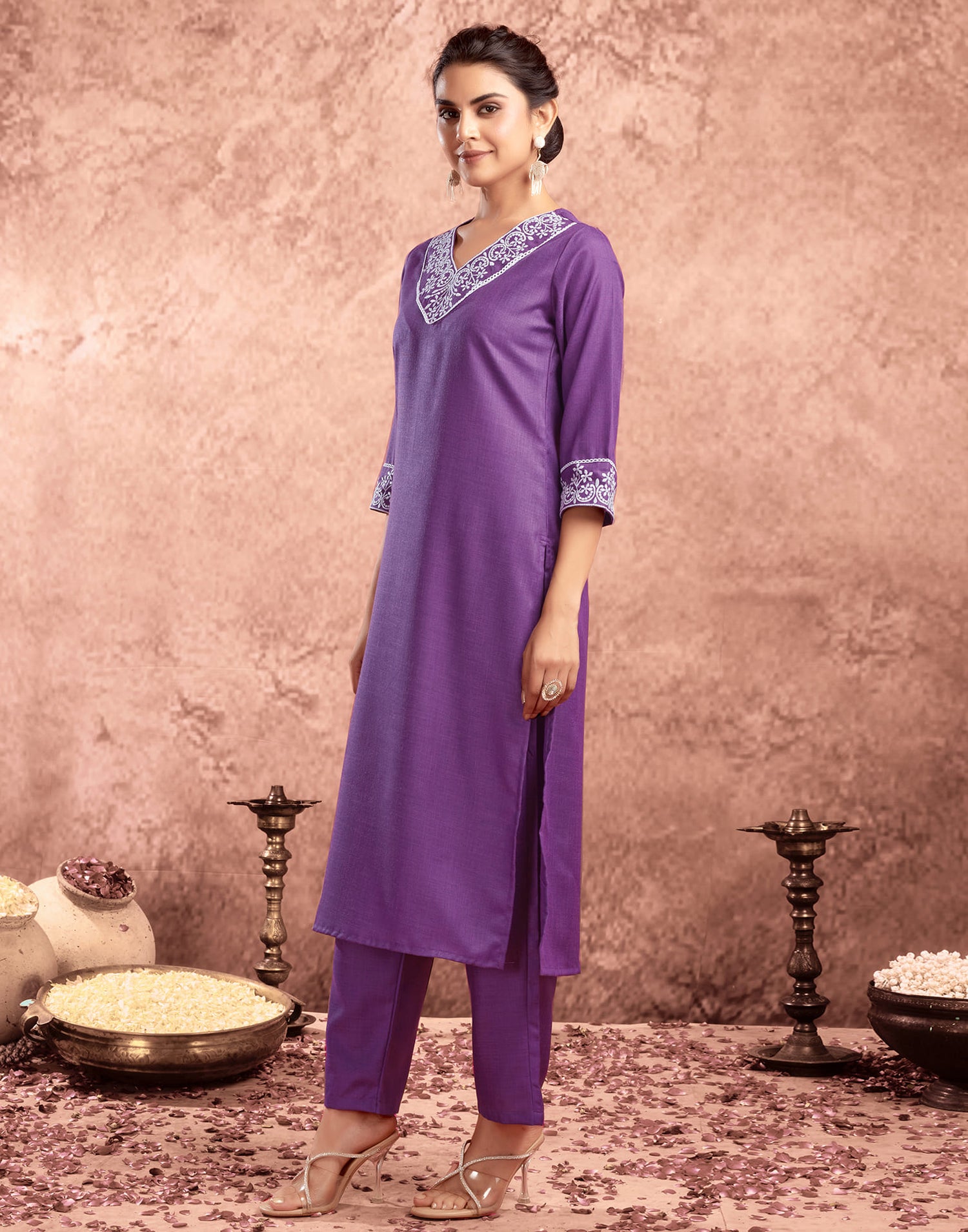 Dartk Purple Cotton Embroidery Straight Kurta Set With Dupatta